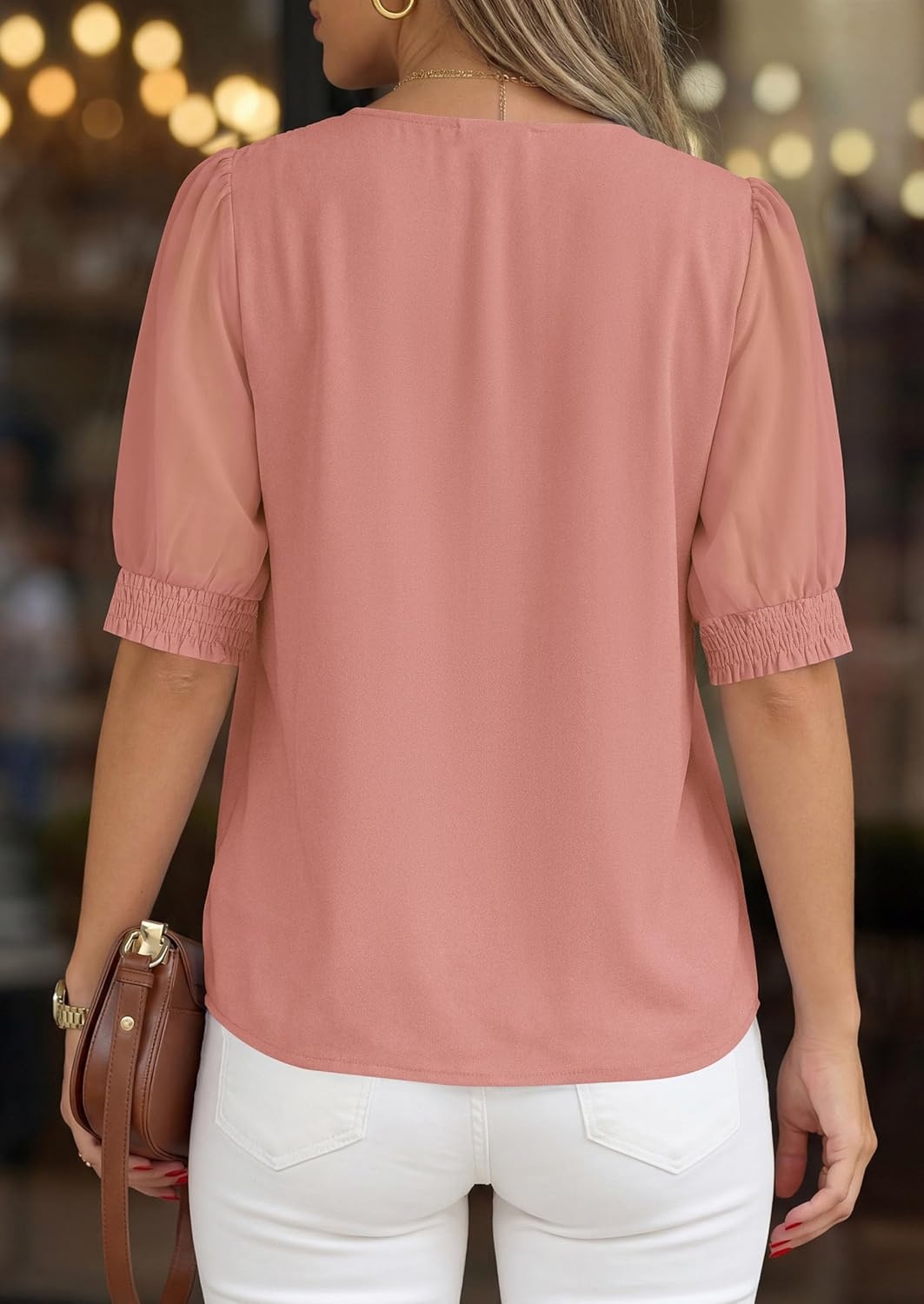 imagePRETTYGARDEN Womens Tops Dressy Casual Puff Sleeve Chiffon Blouses V Neck Business Work Shirts 2026 Summer Fashion ClothingPink