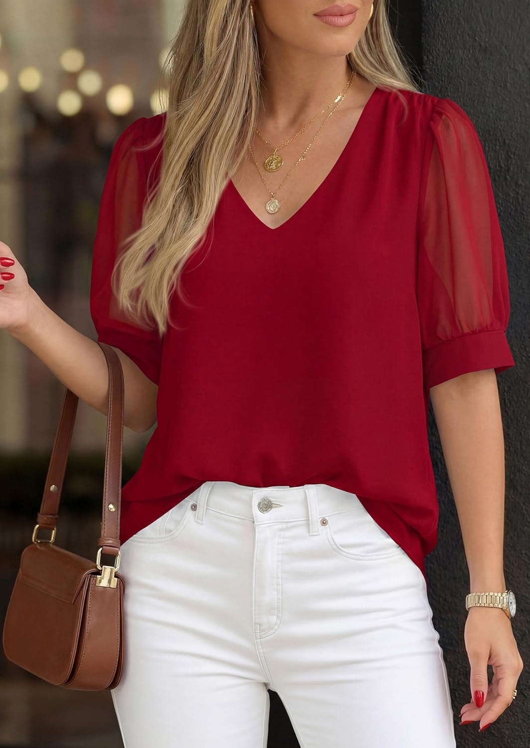 imagePRETTYGARDEN Womens Tops Dressy Casual Puff Sleeve Chiffon Blouses V Neck Business Work Shirts 2026 Summer Fashion ClothingRed
