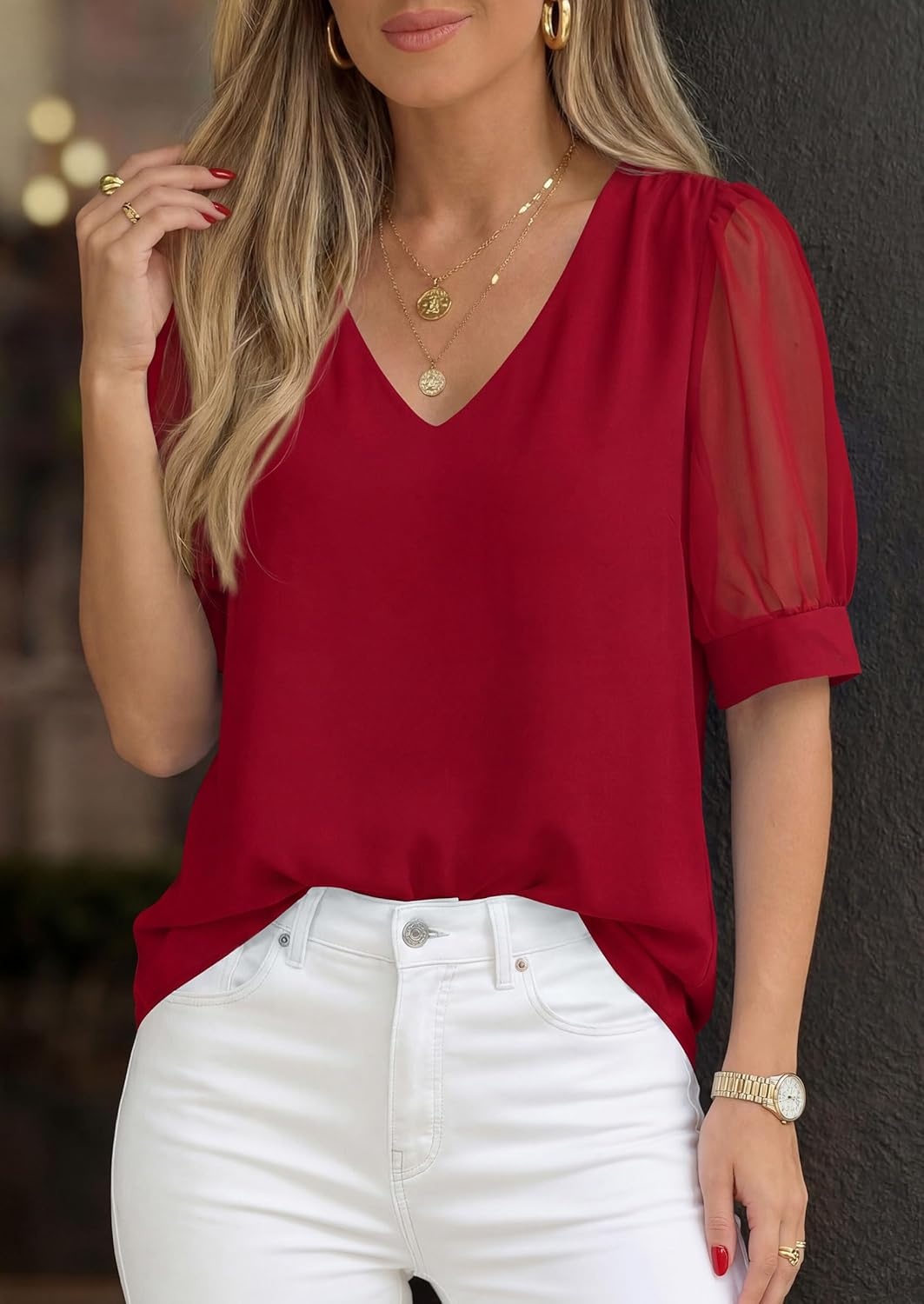 imagePRETTYGARDEN Womens Tops Dressy Casual Puff Sleeve Chiffon Blouses V Neck Business Work Shirts 2026 Summer Fashion ClothingRed