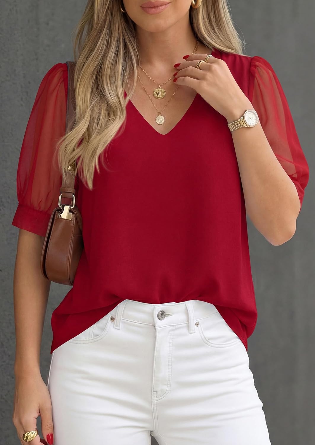 imagePRETTYGARDEN Womens Tops Dressy Casual Puff Sleeve Chiffon Blouses V Neck Business Work Shirts 2026 Summer Fashion ClothingRed
