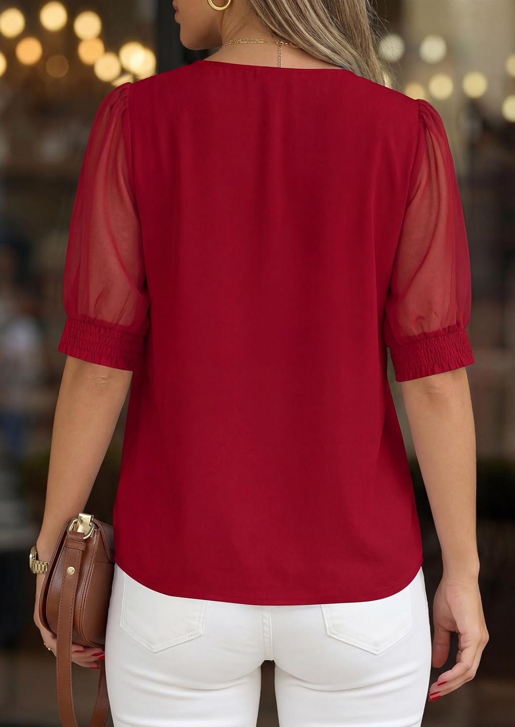 imagePRETTYGARDEN Womens Tops Dressy Casual Puff Sleeve Chiffon Blouses V Neck Business Work Shirts 2026 Summer Fashion ClothingRed