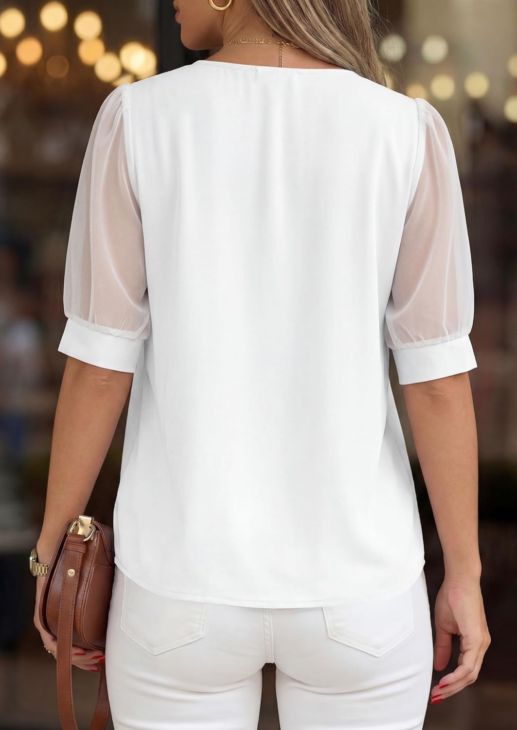 imagePRETTYGARDEN Womens Tops Dressy Casual Puff Sleeve Chiffon Blouses V Neck Business Work Shirts 2026 Summer Fashion ClothingWhite