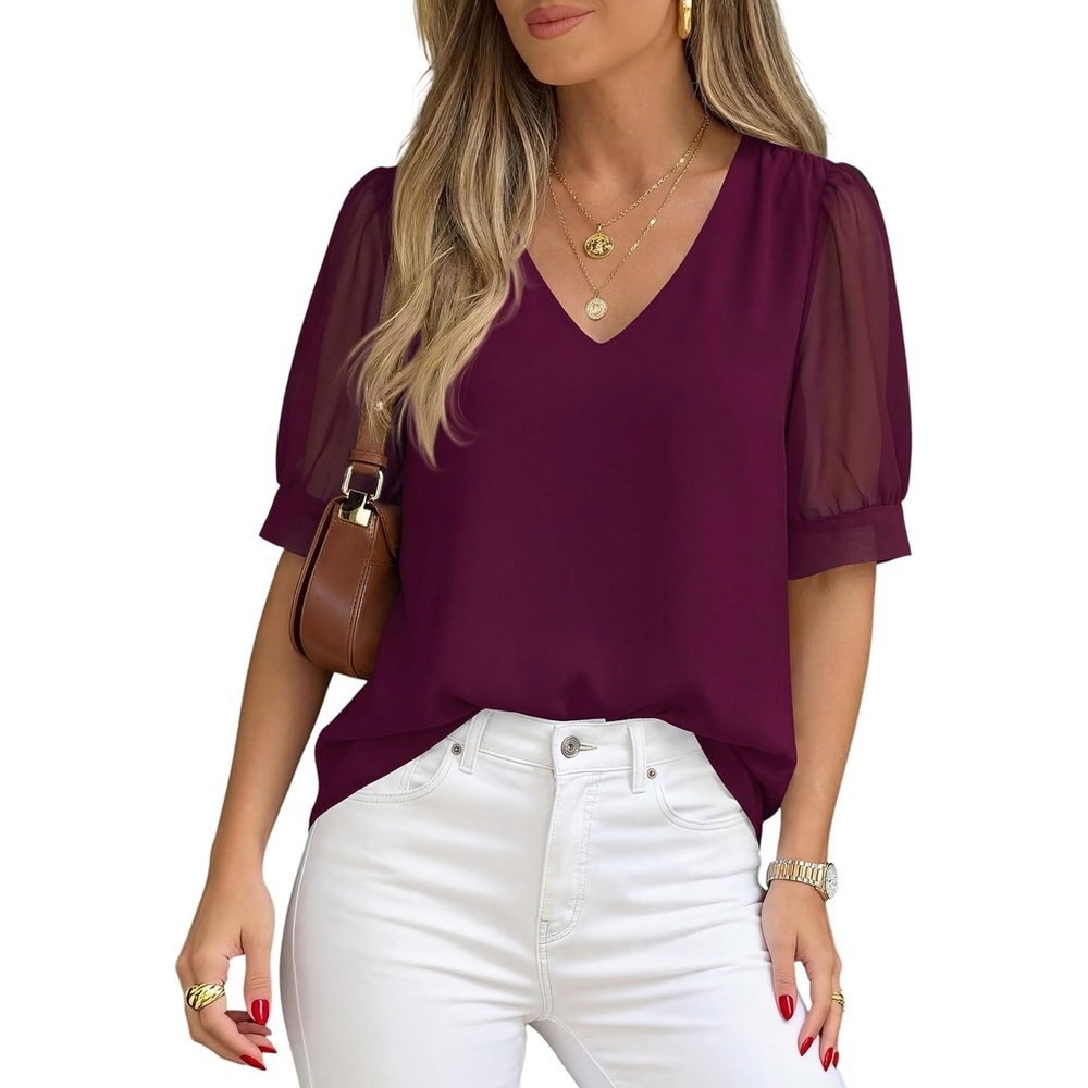 imagePRETTYGARDEN Womens Tops Dressy Casual Puff Sleeve Chiffon Blouses V Neck Business Work Shirts 2026 Summer Fashion ClothingBurgundy