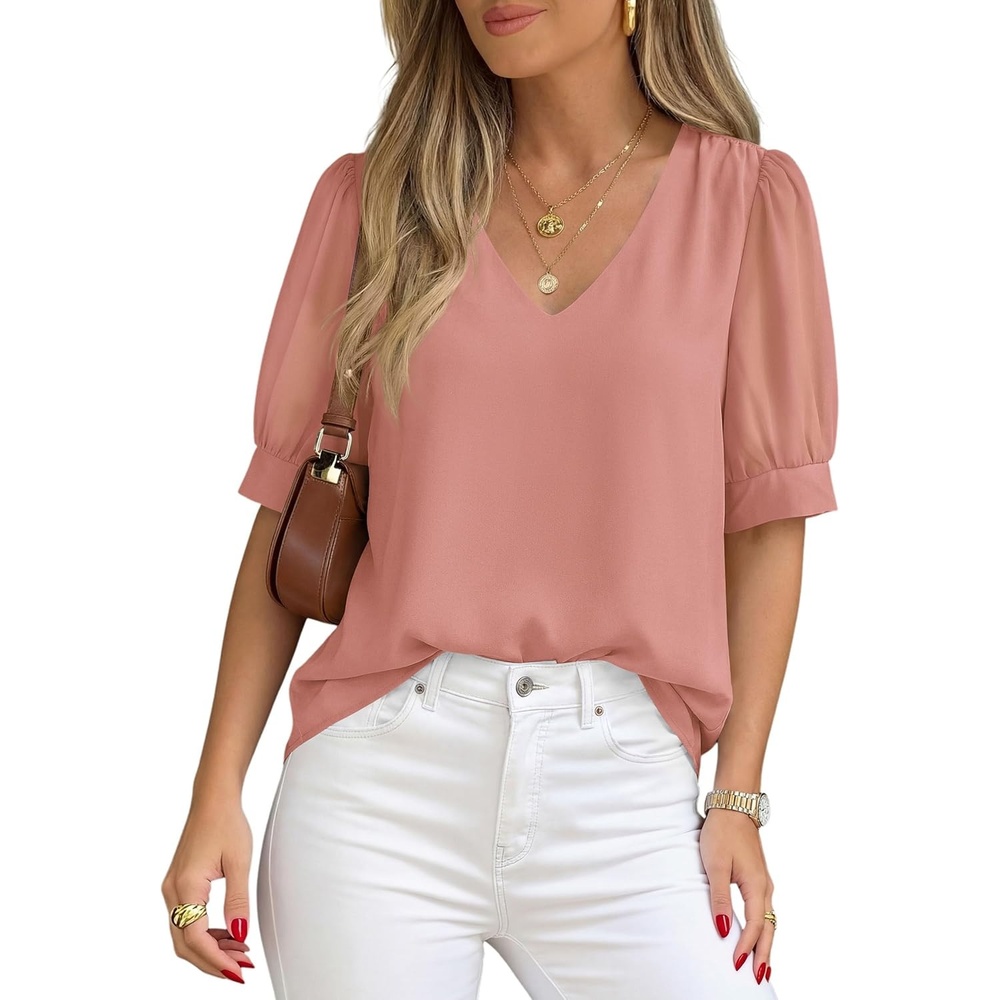 imagePRETTYGARDEN Womens Tops Dressy Casual Puff Sleeve Chiffon Blouses V Neck Business Work Shirts 2026 Summer Fashion ClothingPink