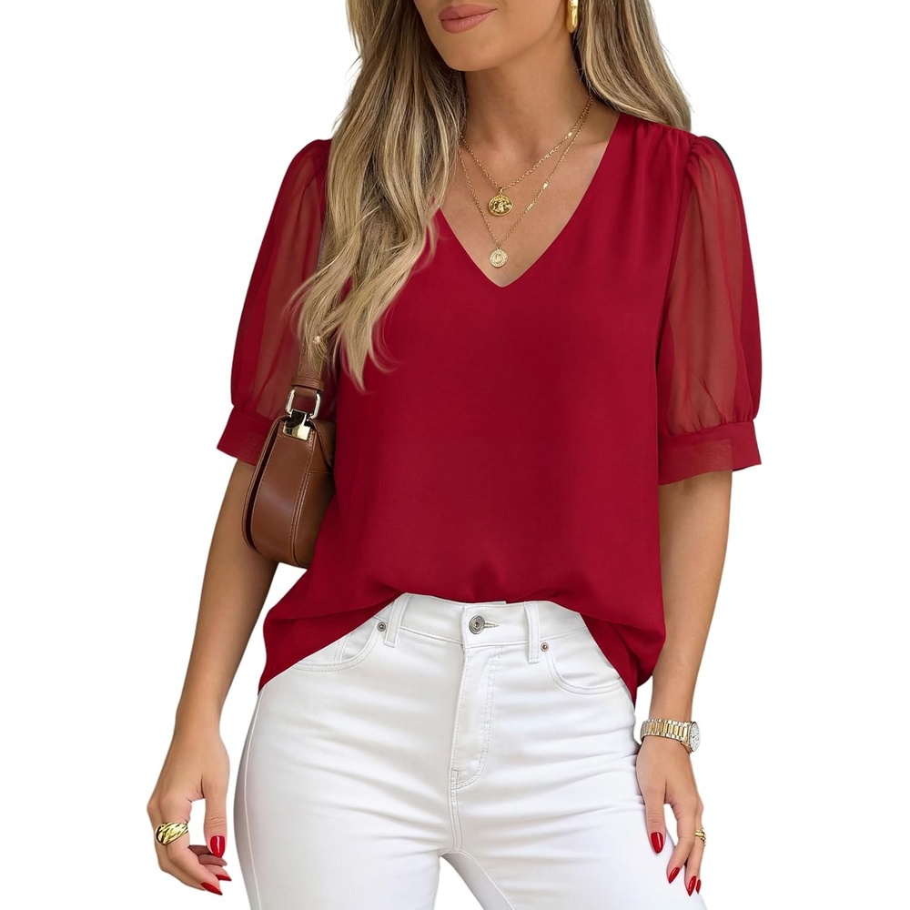 imagePRETTYGARDEN Womens Tops Dressy Casual Puff Sleeve Chiffon Blouses V Neck Business Work Shirts 2026 Summer Fashion ClothingRed