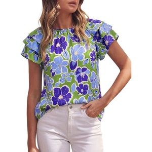 PRETTYGARDEN Boho Floral Tops for Women Summer Blouses Dressy Casual 2026 Spring Beach Vacation Ruffle Short Sleeve Shirts(Green Blue Floral)