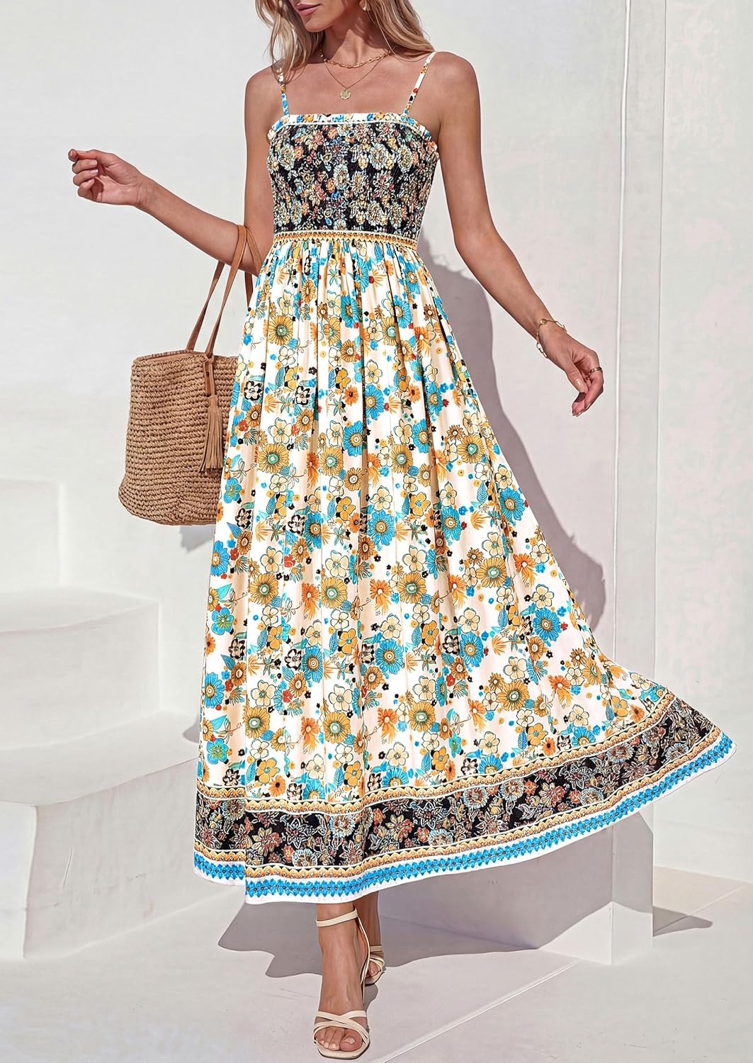 imagePRETTYGARDEN Womens Summer Maxi Dress Casual 2026 Floral Boho Spaghetti Strap Long Sundresses Smocked Beach Flowy DressesApricot