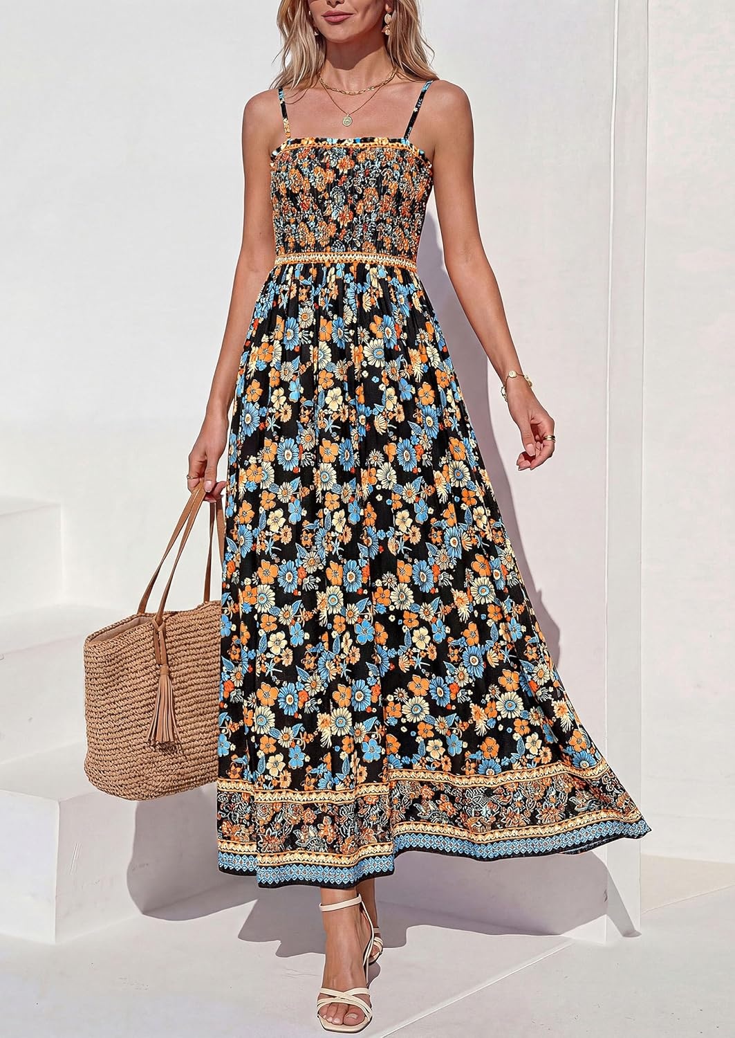 imagePRETTYGARDEN Womens Summer Maxi Dress Casual 2026 Floral Boho Spaghetti Strap Long Sundresses Smocked Beach Flowy DressesBlack
