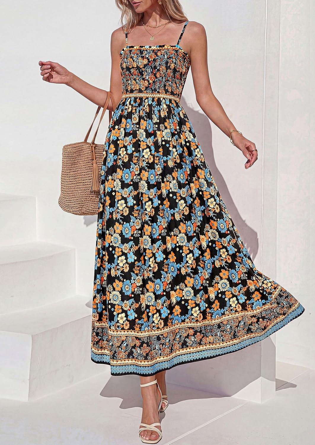 imagePRETTYGARDEN Womens Summer Maxi Dress Casual 2026 Floral Boho Spaghetti Strap Long Sundresses Smocked Beach Flowy DressesBlack