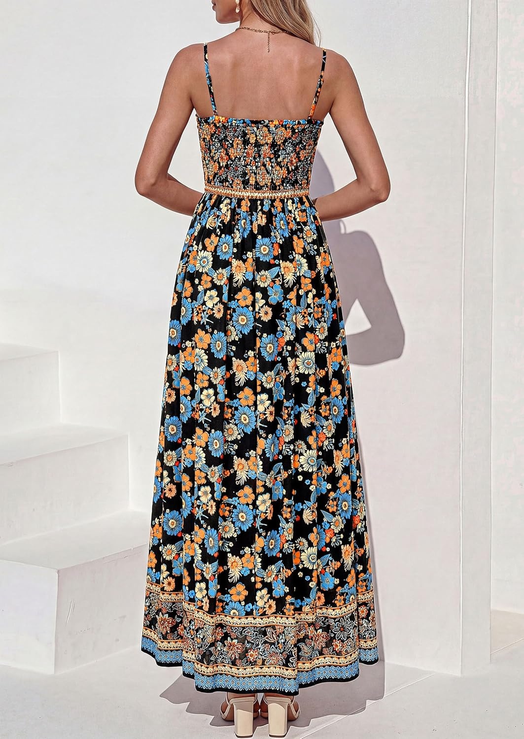 imagePRETTYGARDEN Womens Summer Maxi Dress Casual 2026 Floral Boho Spaghetti Strap Long Sundresses Smocked Beach Flowy DressesBlack