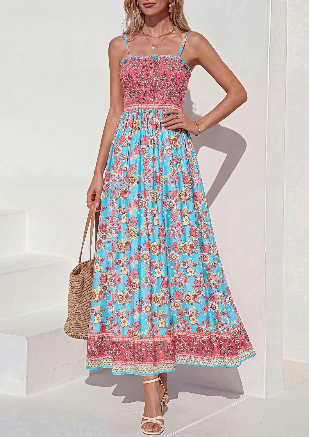 imagePRETTYGARDEN Womens Summer Maxi Dress Casual 2026 Floral Boho Spaghetti Strap Long Sundresses Smocked Beach Flowy DressesLight Blue