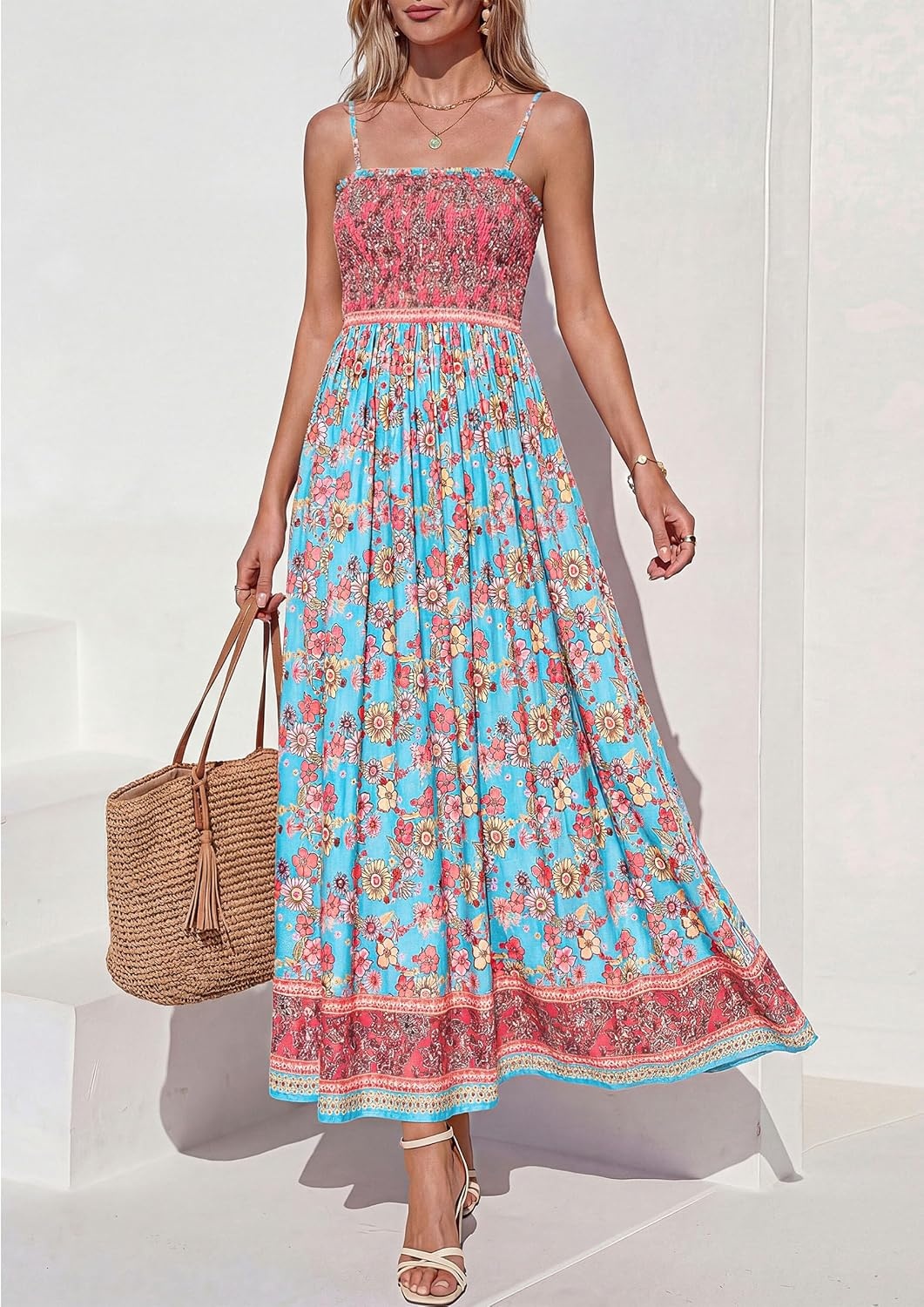 imagePRETTYGARDEN Womens Summer Maxi Dress Casual 2026 Floral Boho Spaghetti Strap Long Sundresses Smocked Beach Flowy DressesLight Blue