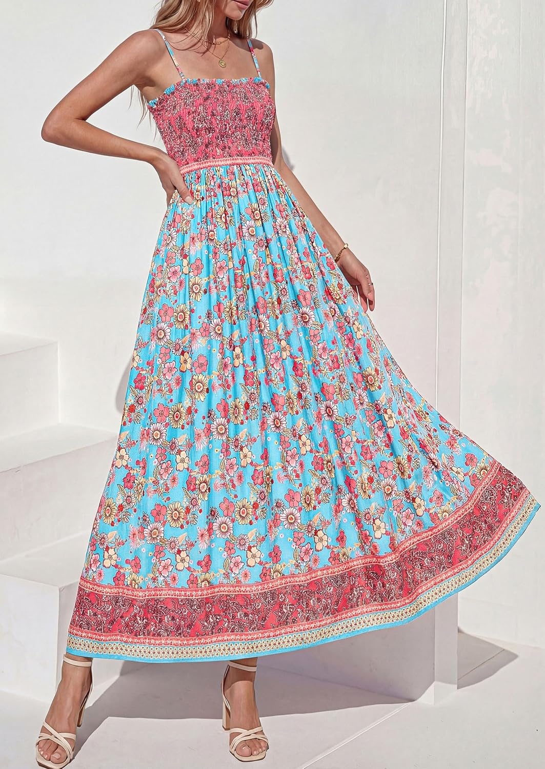 imagePRETTYGARDEN Womens Summer Maxi Dress Casual 2026 Floral Boho Spaghetti Strap Long Sundresses Smocked Beach Flowy DressesLight Blue