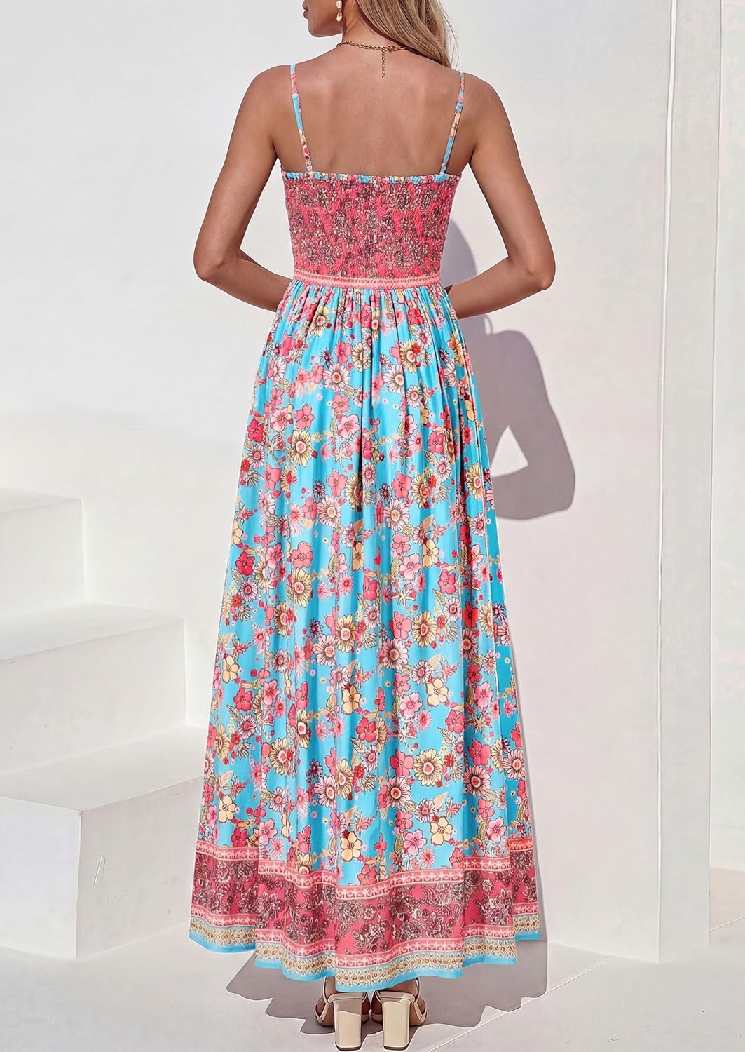 imagePRETTYGARDEN Womens Summer Maxi Dress Casual 2026 Floral Boho Spaghetti Strap Long Sundresses Smocked Beach Flowy DressesLight Blue
