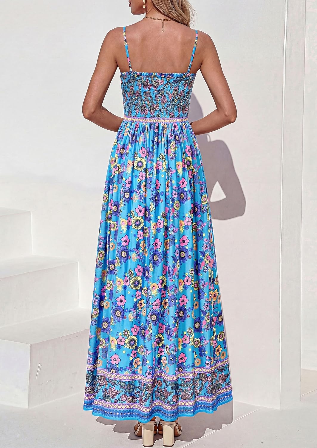 imagePRETTYGARDEN Womens Summer Maxi Dress Casual 2026 Floral Boho Spaghetti Strap Long Sundresses Smocked Beach Flowy DressesSky Blue