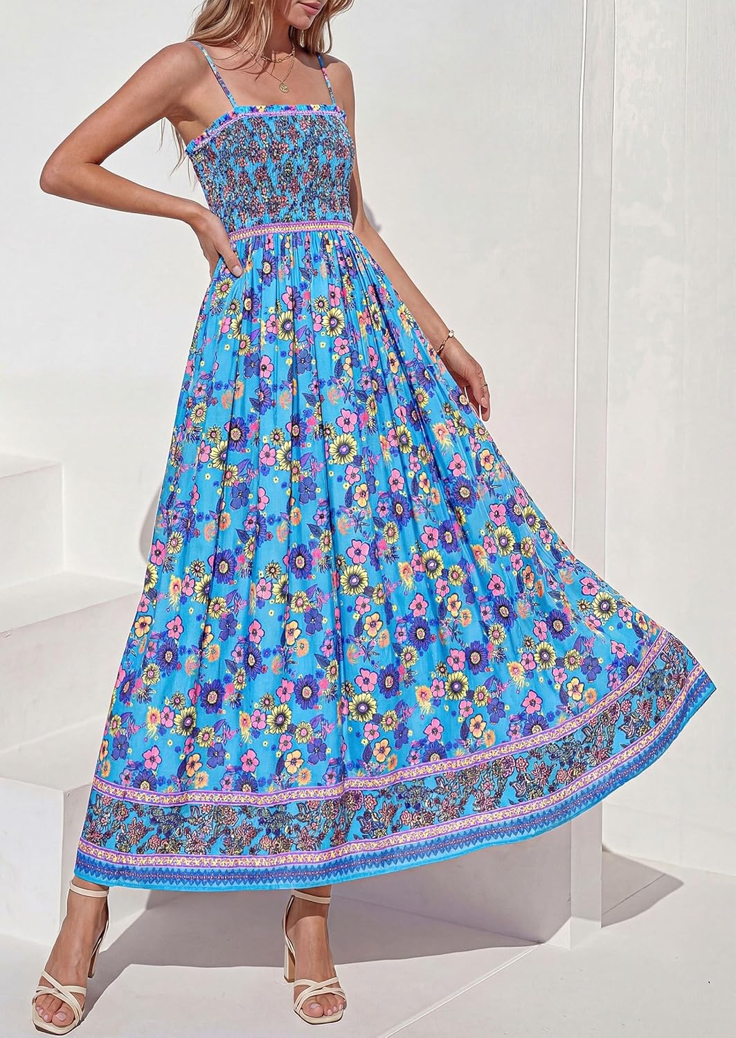 imagePRETTYGARDEN Womens Summer Maxi Dress Casual 2026 Floral Boho Spaghetti Strap Long Sundresses Smocked Beach Flowy DressesSky Blue