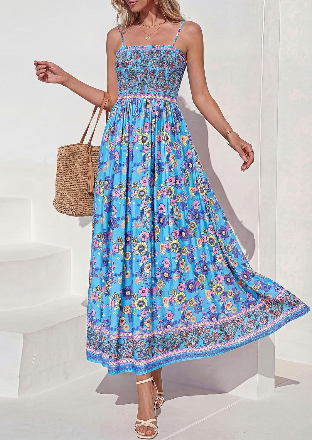 imagePRETTYGARDEN Womens Summer Maxi Dress Casual 2026 Floral Boho Spaghetti Strap Long Sundresses Smocked Beach Flowy DressesSky Blue