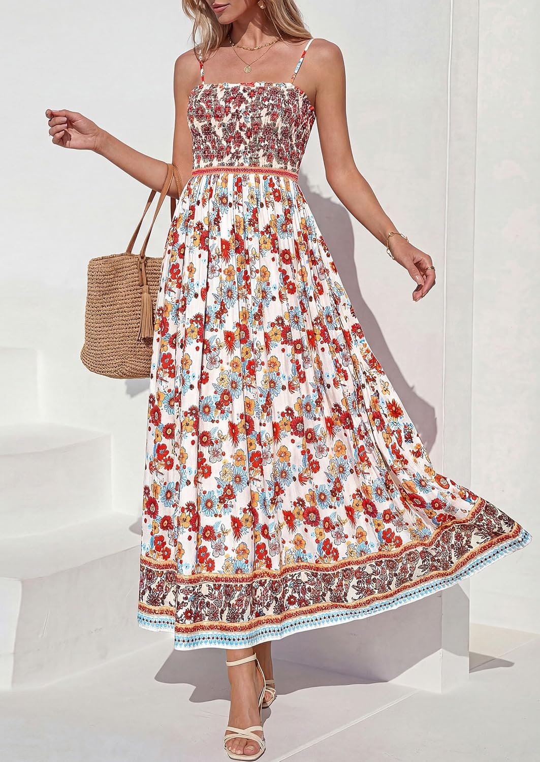 imagePRETTYGARDEN Womens Summer Maxi Dress Casual 2026 Floral Boho Spaghetti Strap Long Sundresses Smocked Beach Flowy DressesWhite