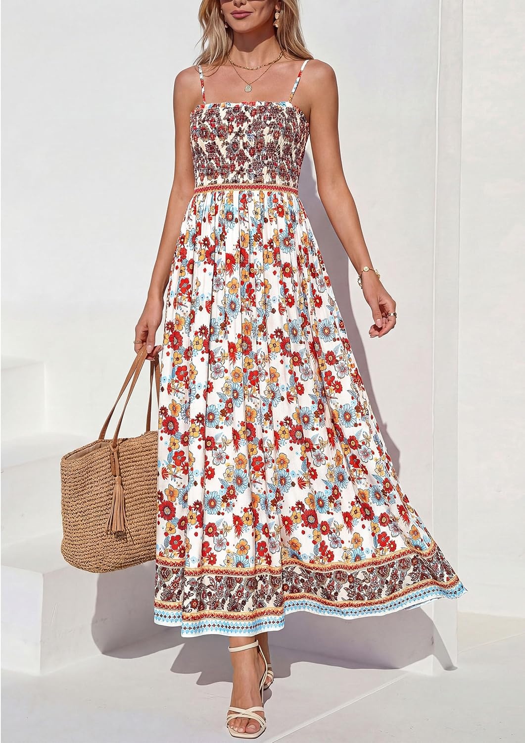 imagePRETTYGARDEN Womens Summer Maxi Dress Casual 2026 Floral Boho Spaghetti Strap Long Sundresses Smocked Beach Flowy DressesWhite