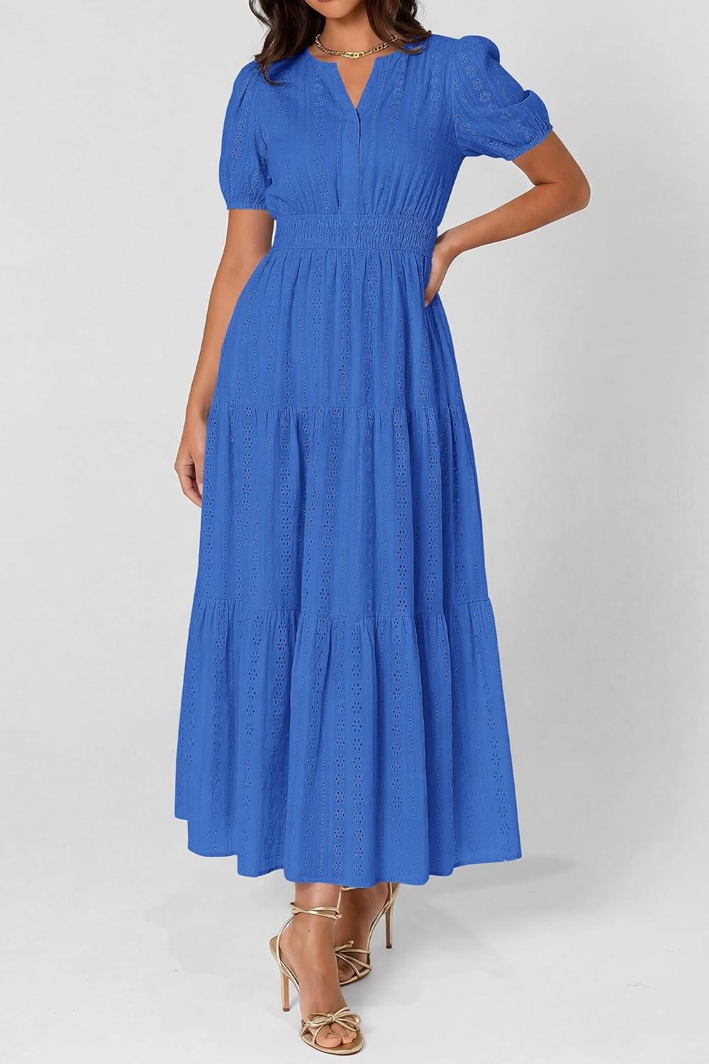 imagePRETTYGARDEN Womens Summer Maxi Dresses 2026 Casual Puff Sleeve V Neck Smocked Flowy Eyelet Cotton Dress Spring SundressBlue