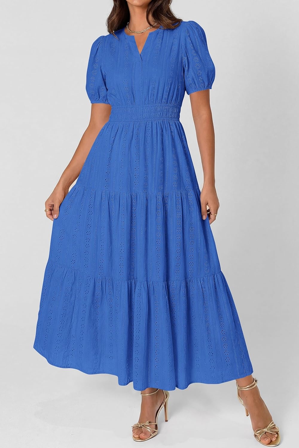 imagePRETTYGARDEN Womens Summer Maxi Dresses 2026 Casual Puff Sleeve V Neck Smocked Flowy Eyelet Cotton Dress Spring SundressBlue