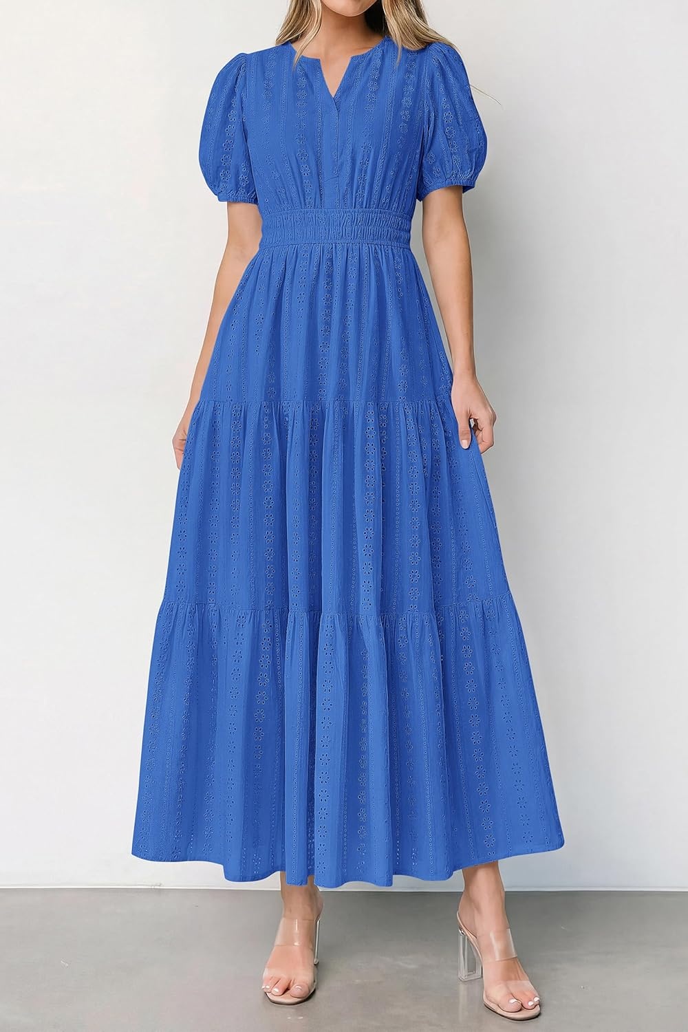imagePRETTYGARDEN Womens Summer Maxi Dresses 2026 Casual Puff Sleeve V Neck Smocked Flowy Eyelet Cotton Dress Spring SundressBlue