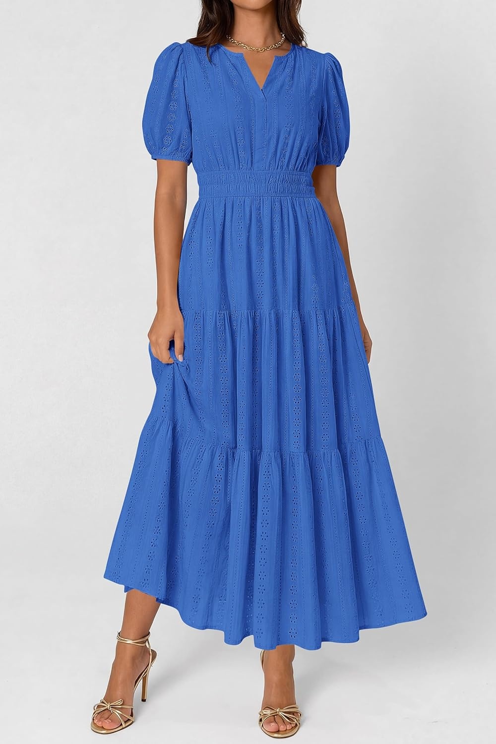 imagePRETTYGARDEN Womens Summer Maxi Dresses 2026 Casual Puff Sleeve V Neck Smocked Flowy Eyelet Cotton Dress Spring SundressBlue