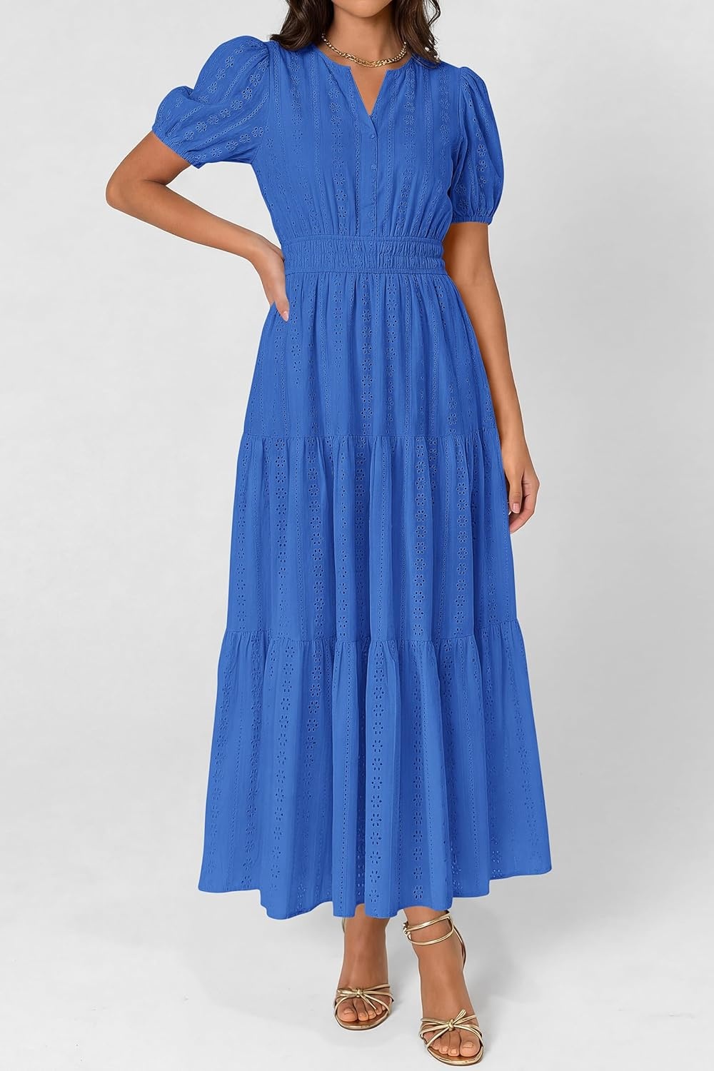 imagePRETTYGARDEN Womens Summer Maxi Dresses 2026 Casual Puff Sleeve V Neck Smocked Flowy Eyelet Cotton Dress Spring SundressBlue