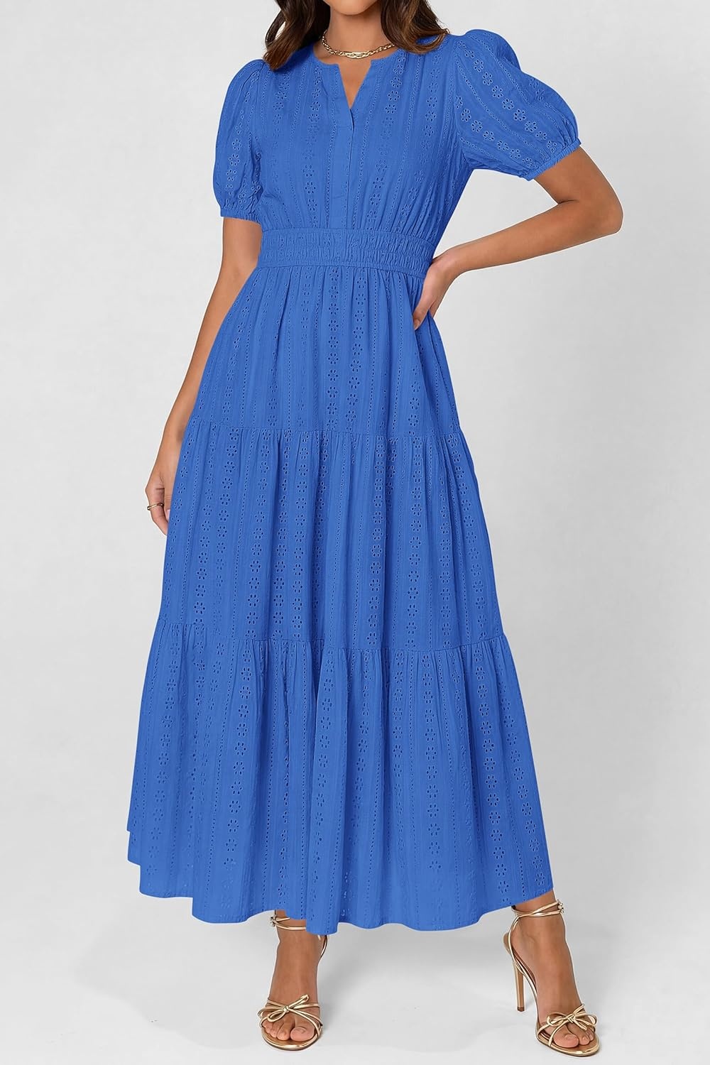 imagePRETTYGARDEN Womens Summer Maxi Dresses 2026 Casual Puff Sleeve V Neck Smocked Flowy Eyelet Cotton Dress Spring SundressBlue