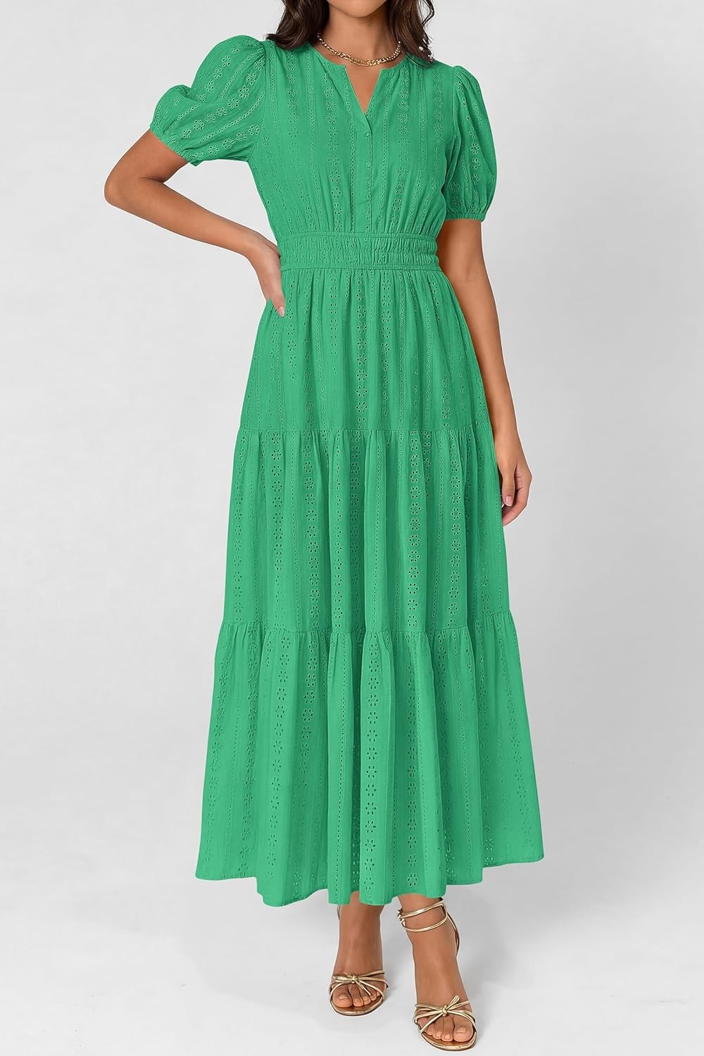 imagePRETTYGARDEN Womens Summer Maxi Dresses 2026 Casual Puff Sleeve V Neck Smocked Flowy Eyelet Cotton Dress Spring SundressGreen
