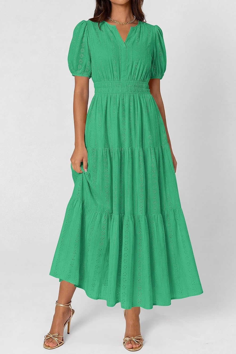 imagePRETTYGARDEN Womens Summer Maxi Dresses 2026 Casual Puff Sleeve V Neck Smocked Flowy Eyelet Cotton Dress Spring SundressGreen