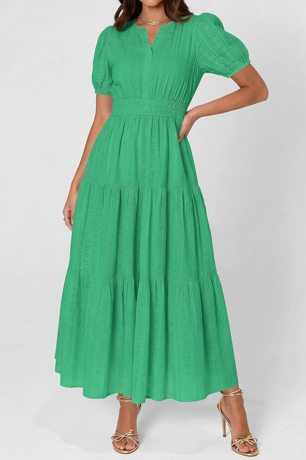 imagePRETTYGARDEN Womens Summer Maxi Dresses 2026 Casual Puff Sleeve V Neck Smocked Flowy Eyelet Cotton Dress Spring SundressGreen