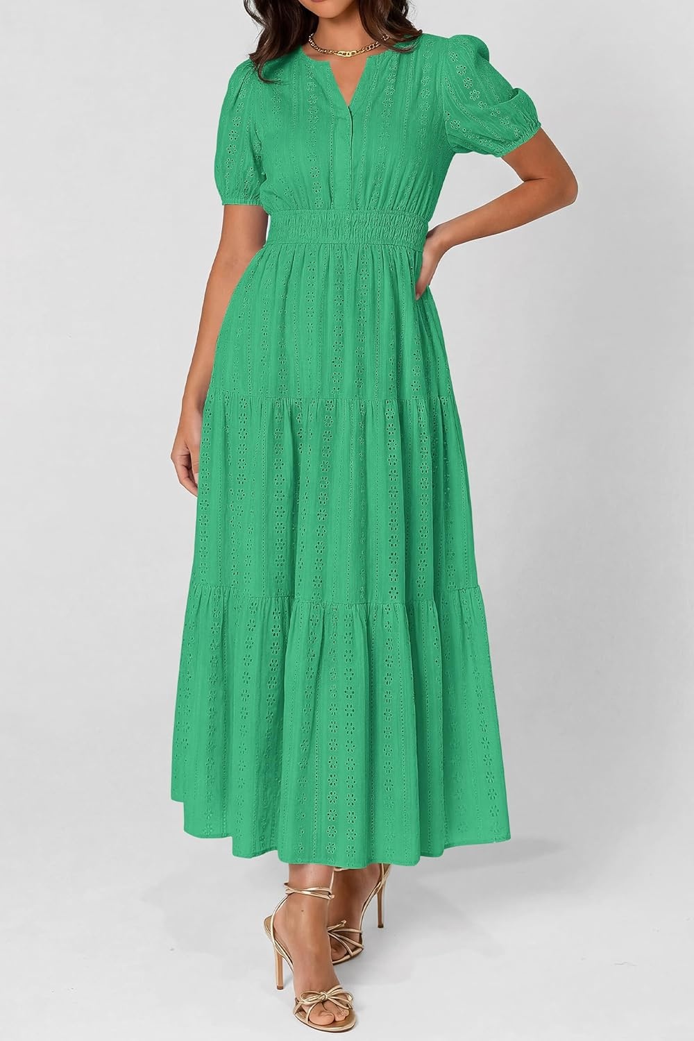 imagePRETTYGARDEN Womens Summer Maxi Dresses 2026 Casual Puff Sleeve V Neck Smocked Flowy Eyelet Cotton Dress Spring SundressGreen