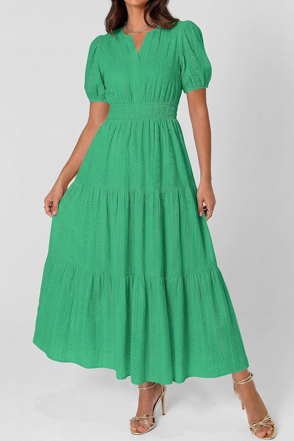 imagePRETTYGARDEN Womens Summer Maxi Dresses 2026 Casual Puff Sleeve V Neck Smocked Flowy Eyelet Cotton Dress Spring SundressGreen