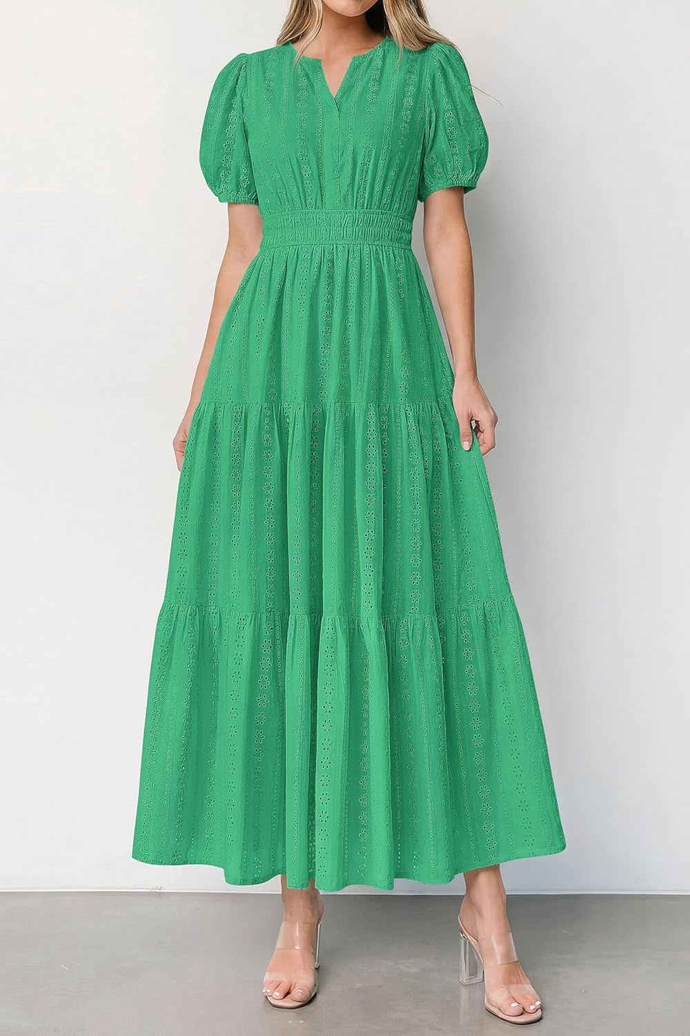 imagePRETTYGARDEN Womens Summer Maxi Dresses 2026 Casual Puff Sleeve V Neck Smocked Flowy Eyelet Cotton Dress Spring SundressGreen