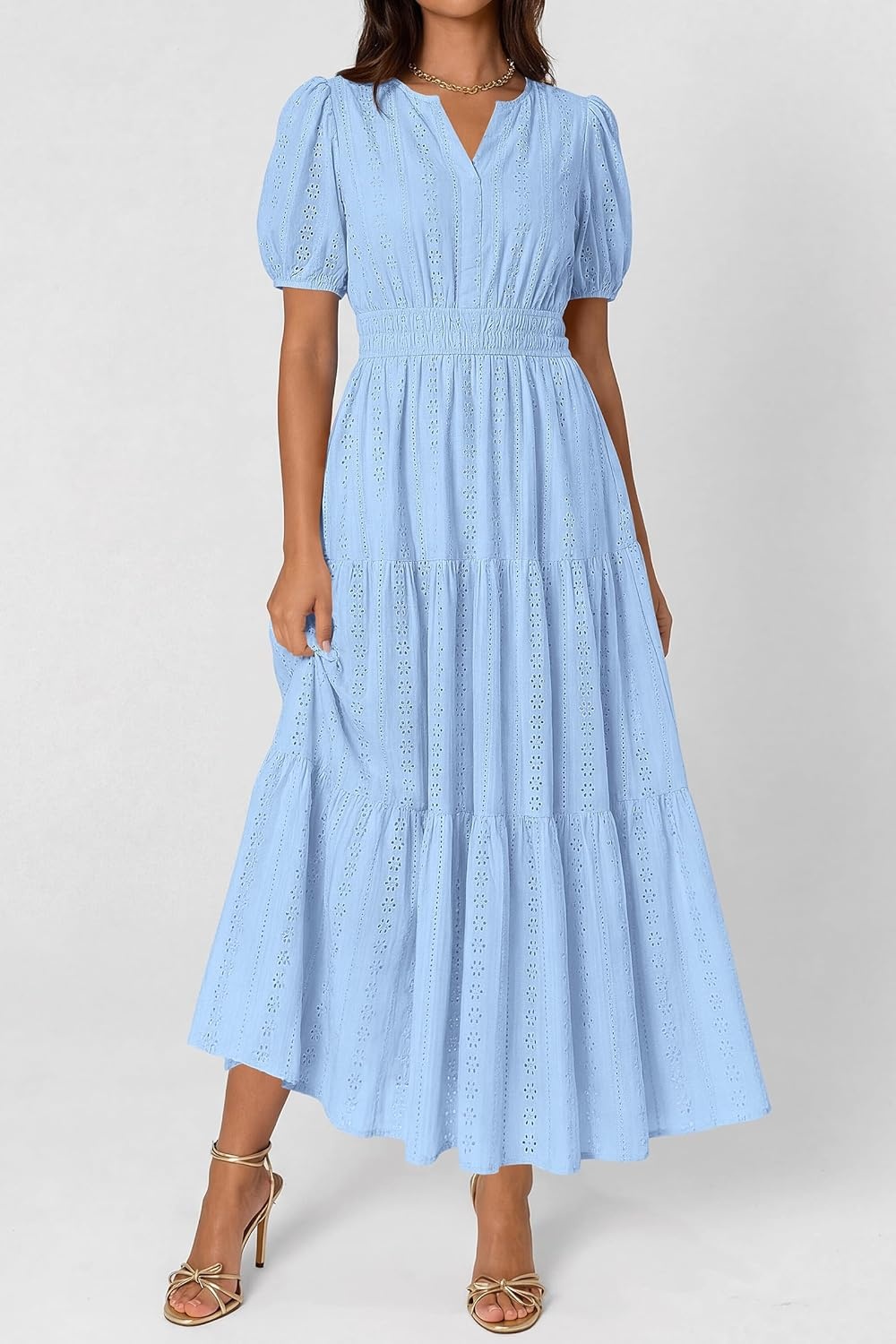 imagePRETTYGARDEN Womens Summer Maxi Dresses 2026 Casual Puff Sleeve V Neck Smocked Flowy Eyelet Cotton Dress Spring SundressLight Blue