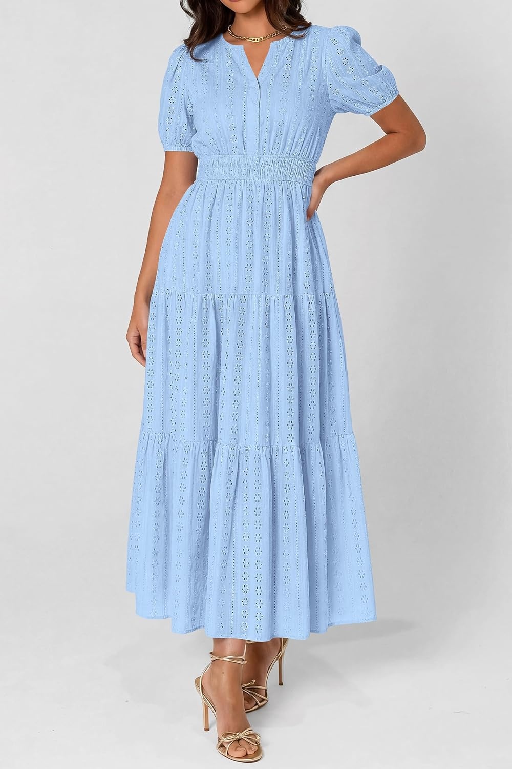 imagePRETTYGARDEN Womens Summer Maxi Dresses 2026 Casual Puff Sleeve V Neck Smocked Flowy Eyelet Cotton Dress Spring SundressLight Blue