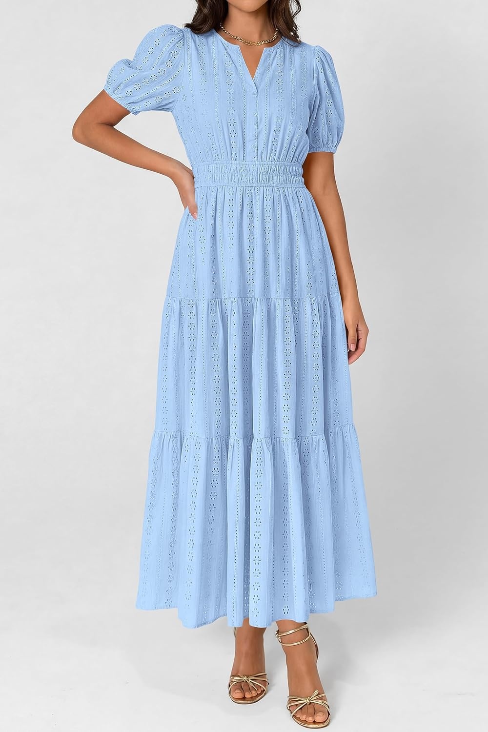 imagePRETTYGARDEN Womens Summer Maxi Dresses 2026 Casual Puff Sleeve V Neck Smocked Flowy Eyelet Cotton Dress Spring SundressLight Blue
