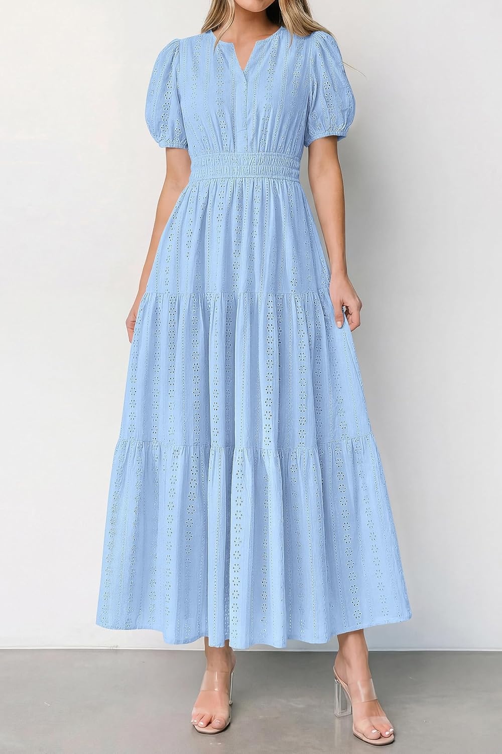 imagePRETTYGARDEN Womens Summer Maxi Dresses 2026 Casual Puff Sleeve V Neck Smocked Flowy Eyelet Cotton Dress Spring SundressLight Blue