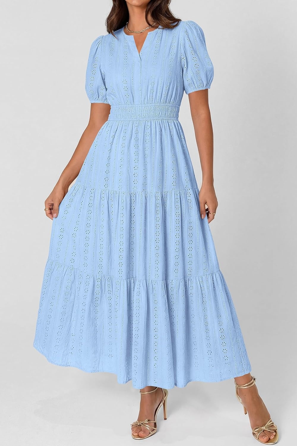 imagePRETTYGARDEN Womens Summer Maxi Dresses 2026 Casual Puff Sleeve V Neck Smocked Flowy Eyelet Cotton Dress Spring SundressLight Blue