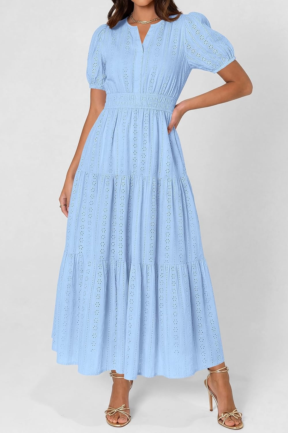 imagePRETTYGARDEN Womens Summer Maxi Dresses 2026 Casual Puff Sleeve V Neck Smocked Flowy Eyelet Cotton Dress Spring SundressLight Blue