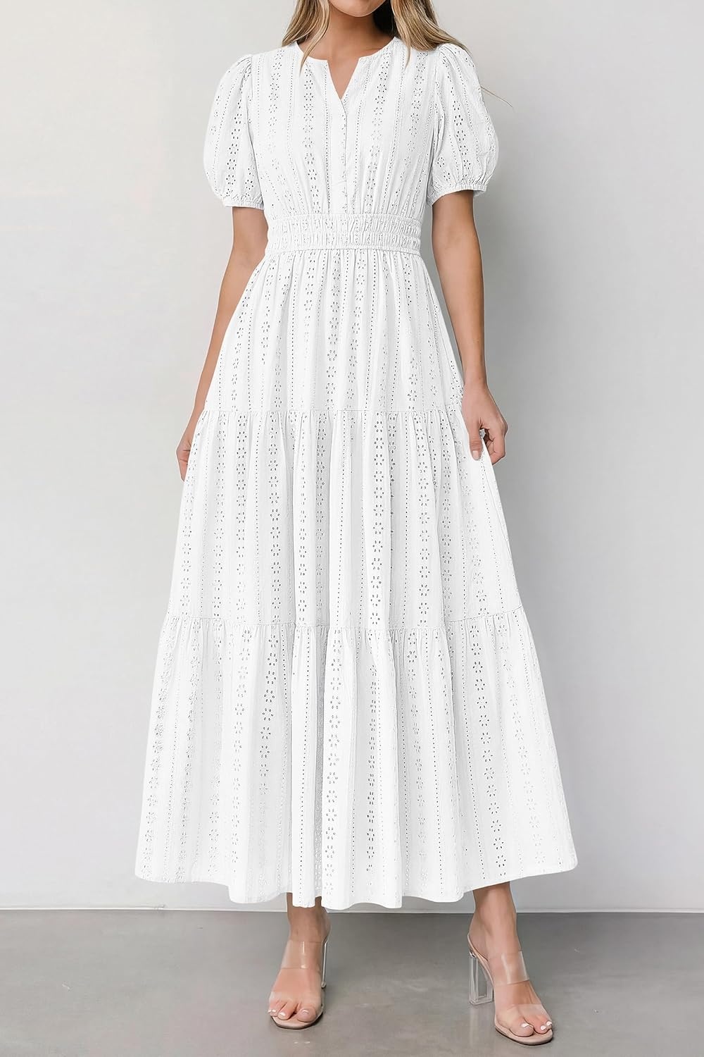 imagePRETTYGARDEN Womens Summer Maxi Dresses 2026 Casual Puff Sleeve V Neck Smocked Flowy Eyelet Cotton Dress Spring SundressWhite