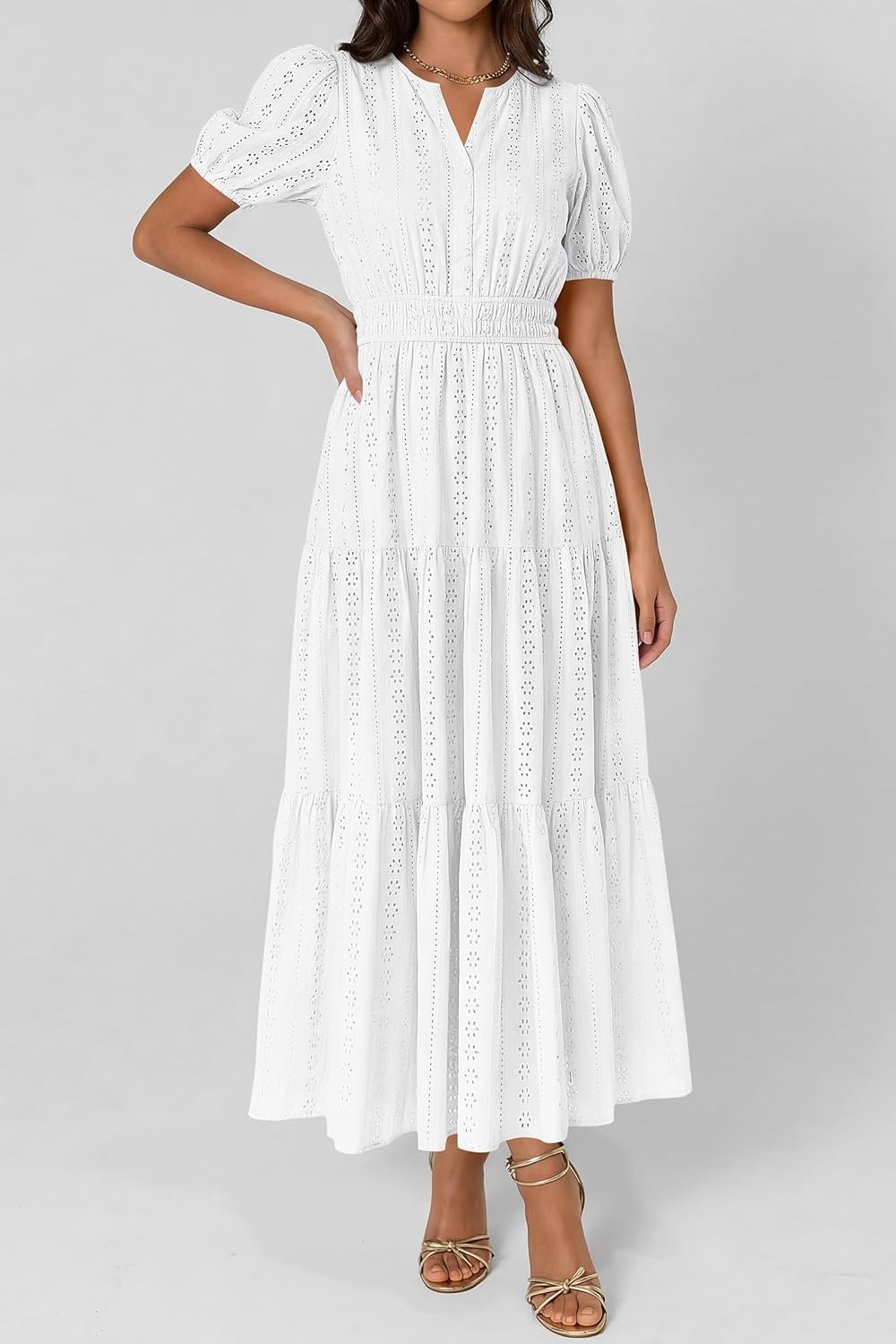 imagePRETTYGARDEN Womens Summer Maxi Dresses 2026 Casual Puff Sleeve V Neck Smocked Flowy Eyelet Cotton Dress Spring SundressWhite