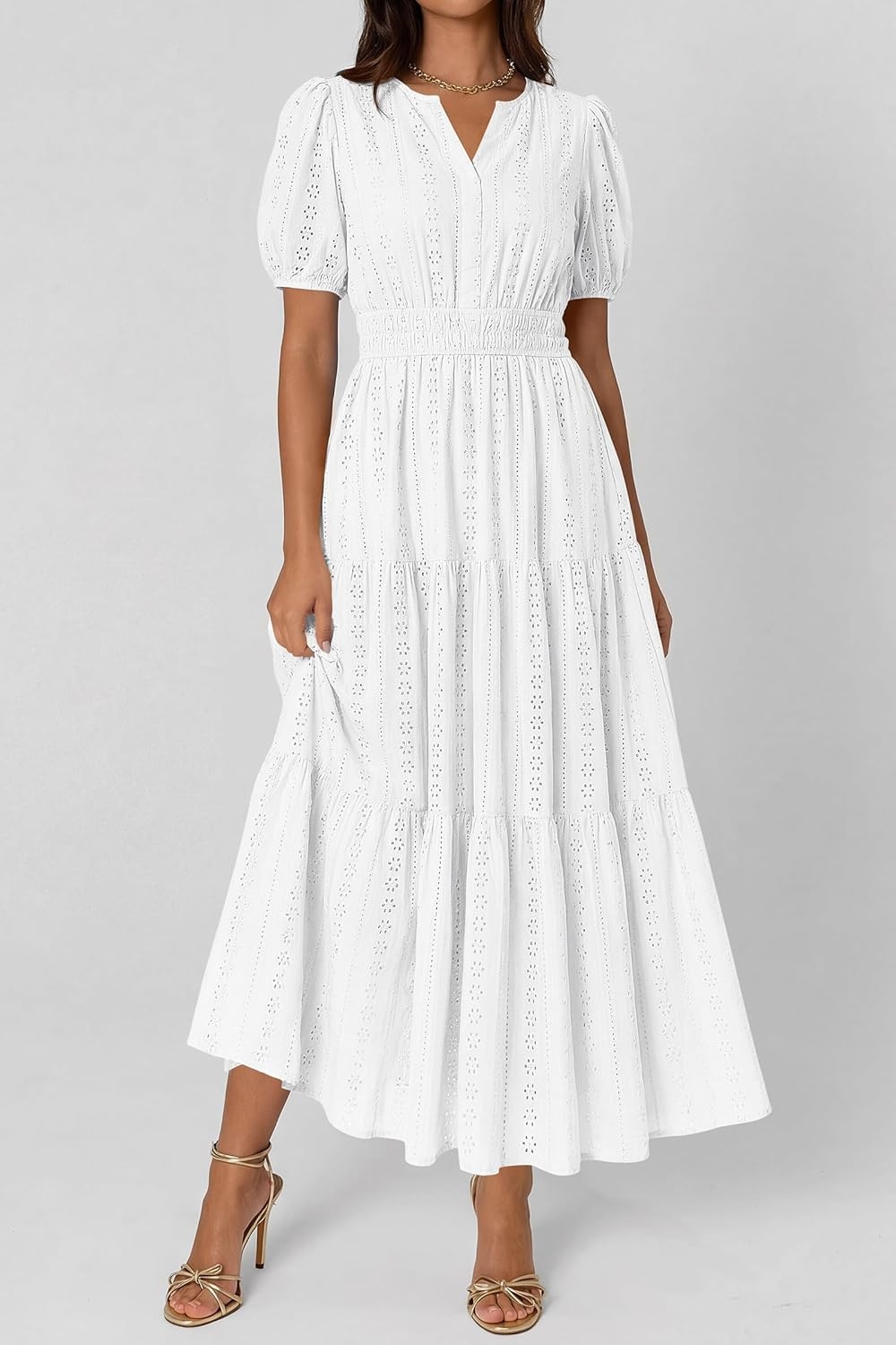 imagePRETTYGARDEN Womens Summer Maxi Dresses 2026 Casual Puff Sleeve V Neck Smocked Flowy Eyelet Cotton Dress Spring SundressWhite