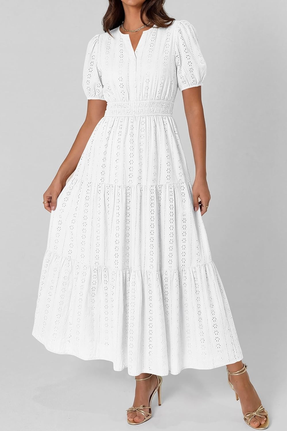 imagePRETTYGARDEN Womens Summer Maxi Dresses 2026 Casual Puff Sleeve V Neck Smocked Flowy Eyelet Cotton Dress Spring SundressWhite