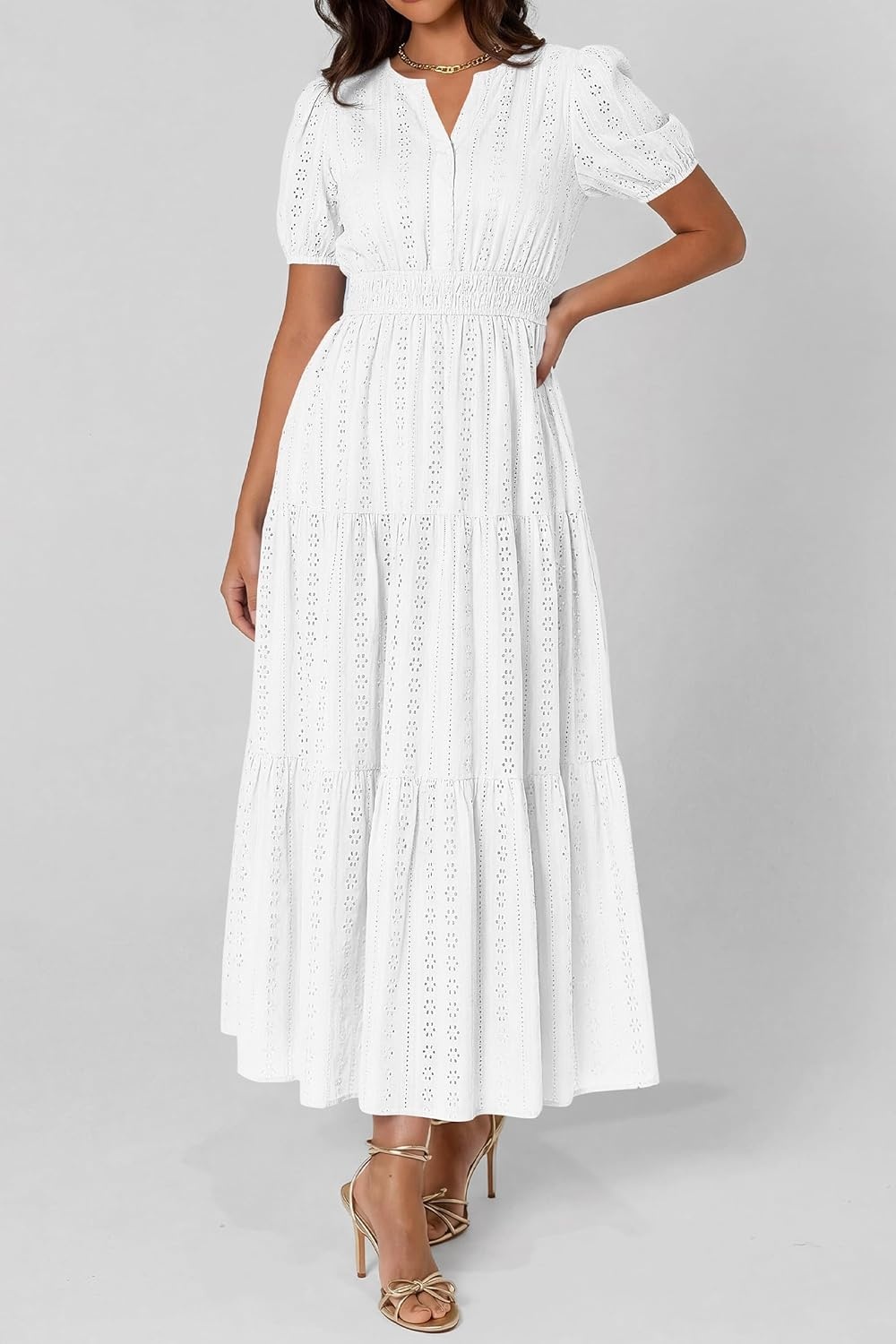 imagePRETTYGARDEN Womens Summer Maxi Dresses 2026 Casual Puff Sleeve V Neck Smocked Flowy Eyelet Cotton Dress Spring SundressWhite