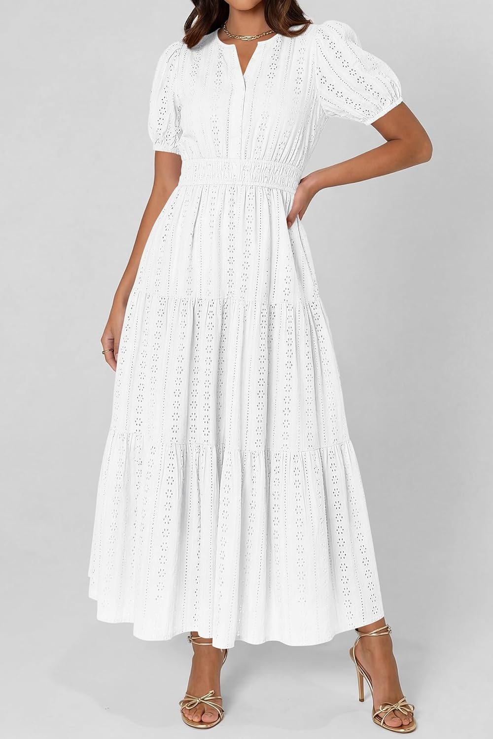 imagePRETTYGARDEN Womens Summer Maxi Dresses 2026 Casual Puff Sleeve V Neck Smocked Flowy Eyelet Cotton Dress Spring SundressWhite