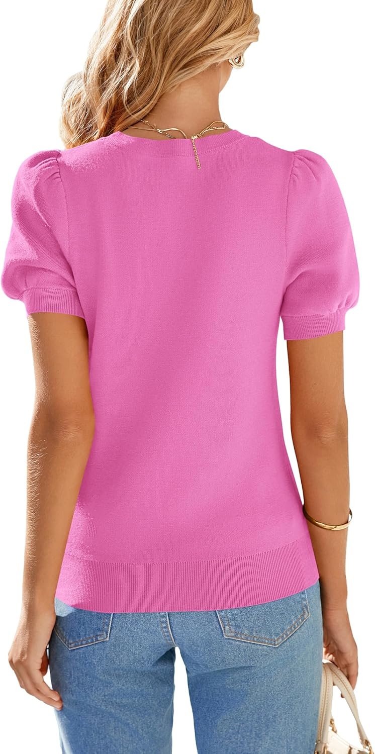 imagePRETTYGARDEN Womens Sweaters Spring 2026 Summer Puff Short Sleeve Sweater Trendy Cute Knit Work Blouses Business Casual TopsRose Red
