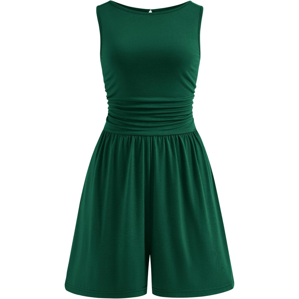imagePRETTYGARDEN Summer Rompers for Women 2026 Dressy Casual Sleeveless Short Wide Leg Jumpsuits Beach Vacation One Piece OutfitsDark Green