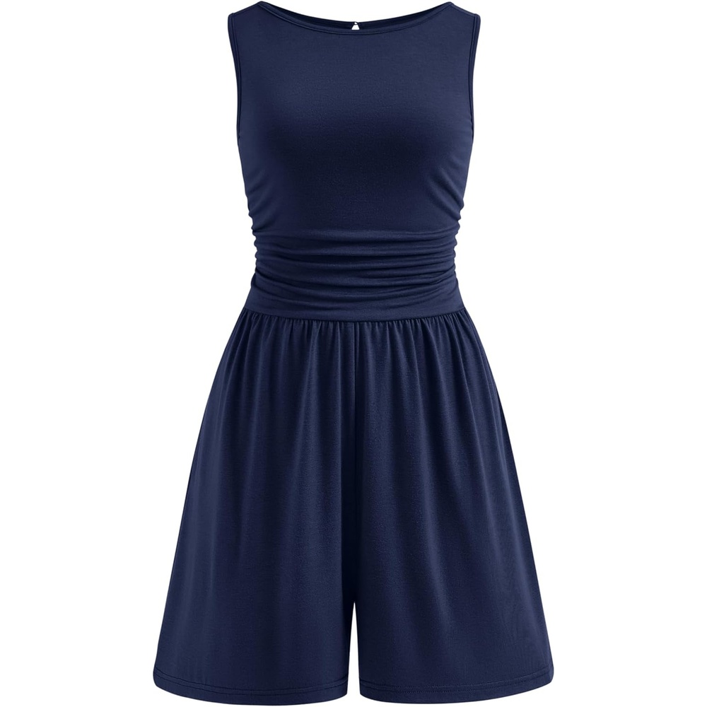 imagePRETTYGARDEN Summer Rompers for Women 2026 Dressy Casual Sleeveless Short Wide Leg Jumpsuits Beach Vacation One Piece OutfitsNavy Blue